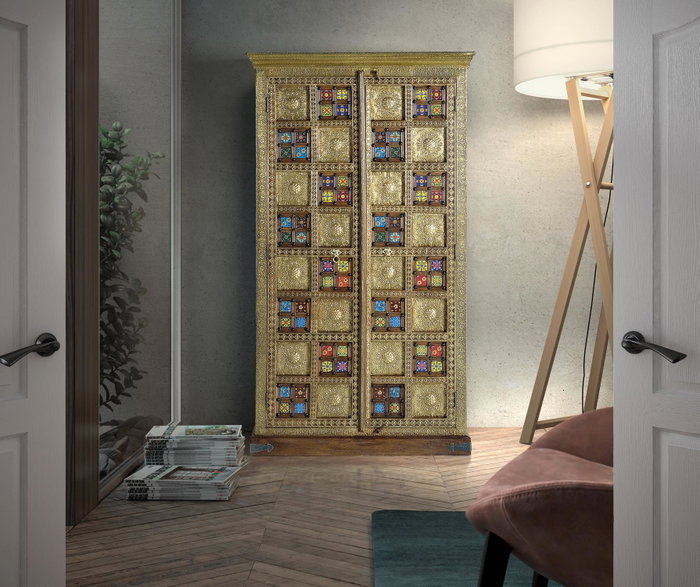 Giner y Colomer Armario 2 Puertas Madera Acacia Cerezo Detalles Azulejo Bronce Repujado 180x100x45 cm